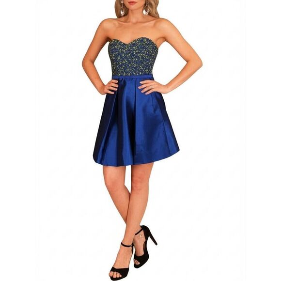 Theia Strapless Dupioni Cobalt Blue Sequin Beaded Prom Formal Mini Party Dress 8 - Picture 1 of 11